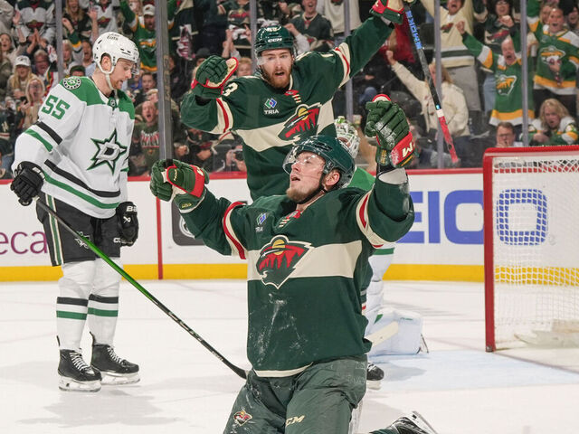 SAINT PAUL, MN - APRIL 30: Vladimir Tarasenko #91 of the Minnesota Wild celebrates his goal against the Dallas Stars in Game Six of the First Round of the 2026 Stanley Cup Playoffs at Grand Casino Arena on April 30, 2026 in Saint Paul, Minnesota.