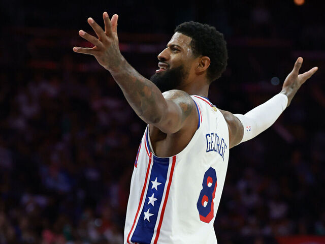 PHILADELPHIA, PENNSYLVANIA - APRIL 30: Paul George #8 of the Philadelphia 76ers reacts during the second quarter of a game against the Boston Celtics in Game Six of the First Round of the NBA Eastern Conference Playoffs at Xfinity Mobile Arena on April 30, 2026 in Philadelphia, Pennsylvania.