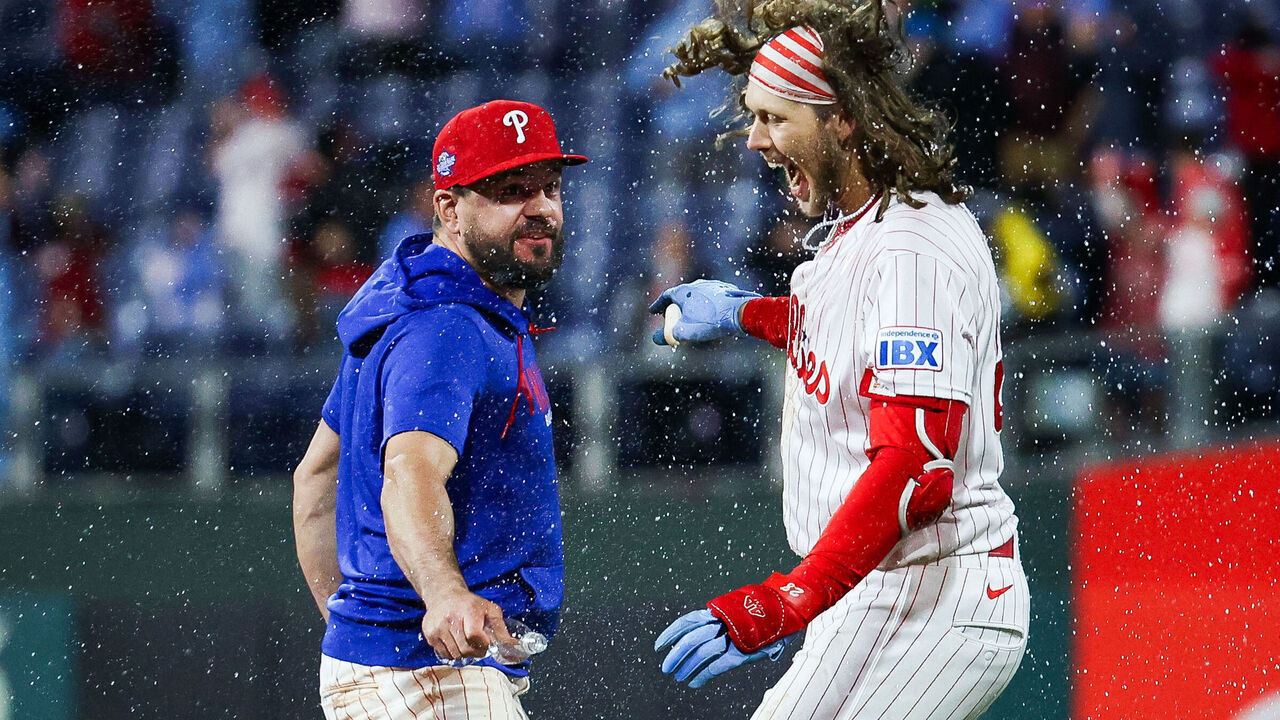 PHILADELPHIA, PENNSYLVANIA - APRIL 30: Alec Bohm #28 of the Philadelphia Phillies celebrates with Kyle Schwarber #12 of the Philadelphia Phillies after hitting a sacrifice fly to defeat the San Francisco Giants in game two of a doubleheader at Citizens Bank Park on April 30, 2026 in Philadelphia, Pennsylvania.
