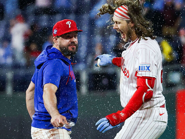 PHILADELPHIA, PENNSYLVANIA - APRIL 30: Alec Bohm #28 of the Philadelphia Phillies celebrates with Kyle Schwarber #12 of the Philadelphia Phillies after hitting a sacrifice fly to defeat the San Francisco Giants in game two of a doubleheader at Citizens Bank Park on April 30, 2026 in Philadelphia, Pennsylvania.