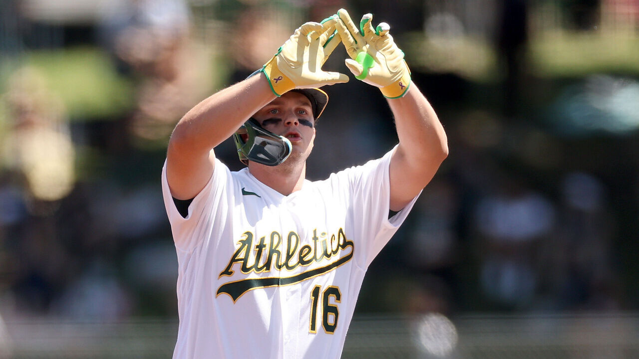 SACRAMENTO, CALIFORNIA - APRIL 30: Nick Kurtz #16 of the Athletics reacts after he hit a double that scored two runs against the Kansas City Royals in the second inning at Sutter Health Park on April 30, 2026 in Sacramento, California.