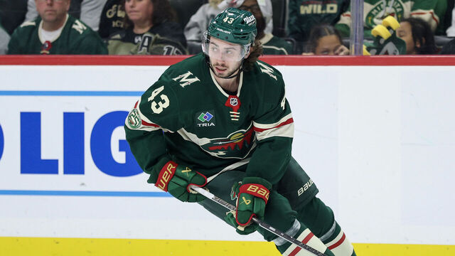 ST PAUL, MINNESOTA - APRIL 30: Quinn Hughes #43 of the Minnesota Wild skates with the puck against the Dallas Stars during the second period in Game Six of the First Round of the 2026 Stanley Cup Playoffs at Grand Casino Arena on April 30, 2026 in St Paul, Minnesota.