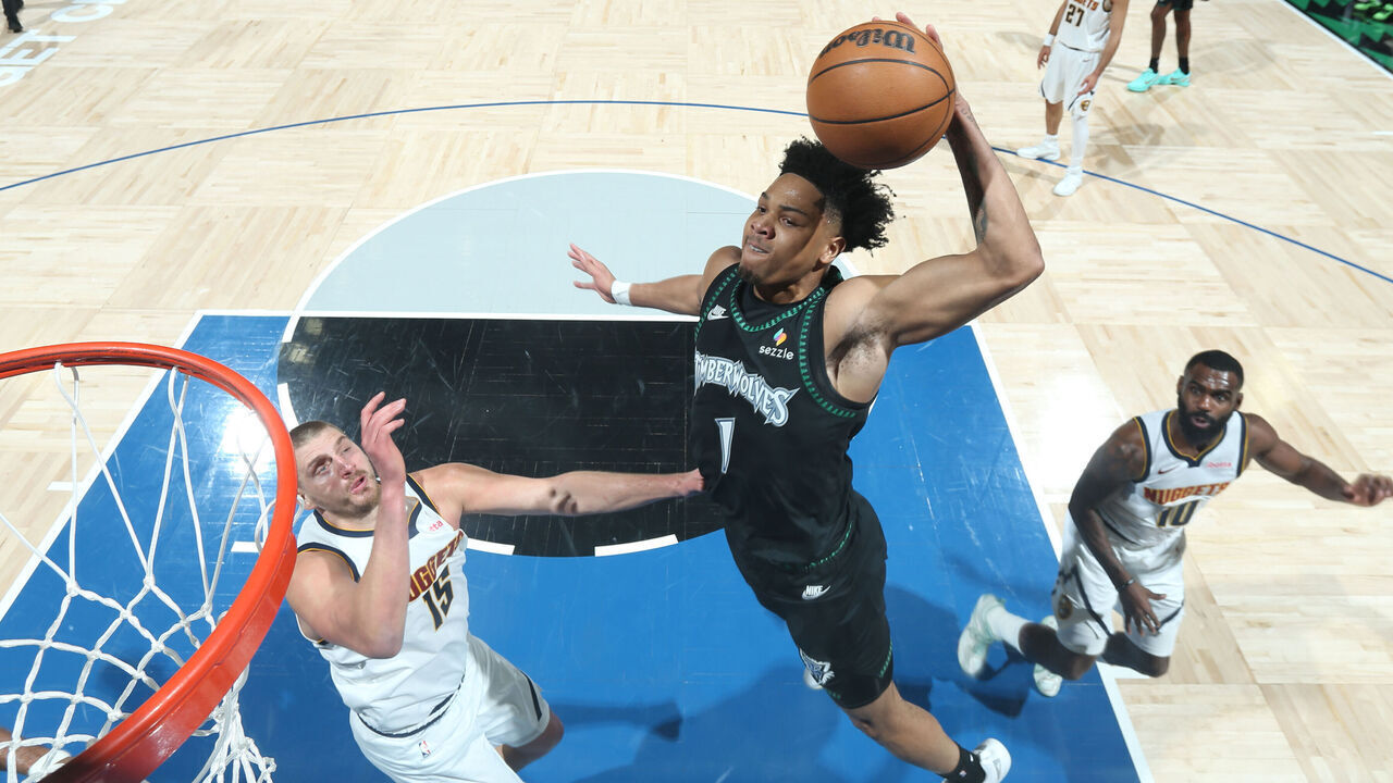 MINNEAPOLIS, MN - APRIL 30: Terrence Shannon Jr. #1 of the Minnesota Timberwolves drives to the basket during the game against the Denver Nuggets during Round One Game Six of the 2026 NBA Playoffs on April 30, 2026 at Target Center in Minneapolis, Minnesota. Mandatory Copyright Notice: Copyright 2026 NBAE