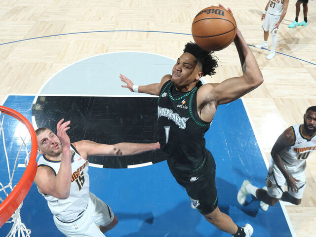 MINNEAPOLIS, MN - APRIL 30: Terrence Shannon Jr. #1 of the Minnesota Timberwolves drives to the basket during the game against the Denver Nuggets during Round One Game Six of the 2026 NBA Playoffs on April 30, 2026 at Target Center in Minneapolis, Minnesota. Mandatory Copyright Notice: Copyright 2026 NBAE