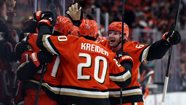 ANAHEIM, CALIFORNIA - APRIL 30: Troy Terry #19 of the Anaheim Ducks celebrates a goal with teammates during the second period against the Edmonton Oilers in Game Six of the First Round of the 2026 Stanley Cup Playoffs at Honda Center on April 30, 2026 in Anaheim, California.