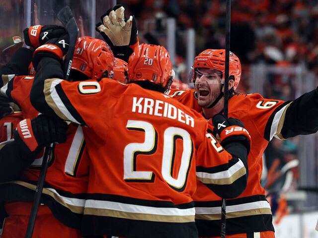 ANAHEIM, CALIFORNIA - APRIL 30: Troy Terry #19 of the Anaheim Ducks celebrates a goal with teammates during the second period against the Edmonton Oilers in Game Six of the First Round of the 2026 Stanley Cup Playoffs at Honda Center on April 30, 2026 in Anaheim, California.