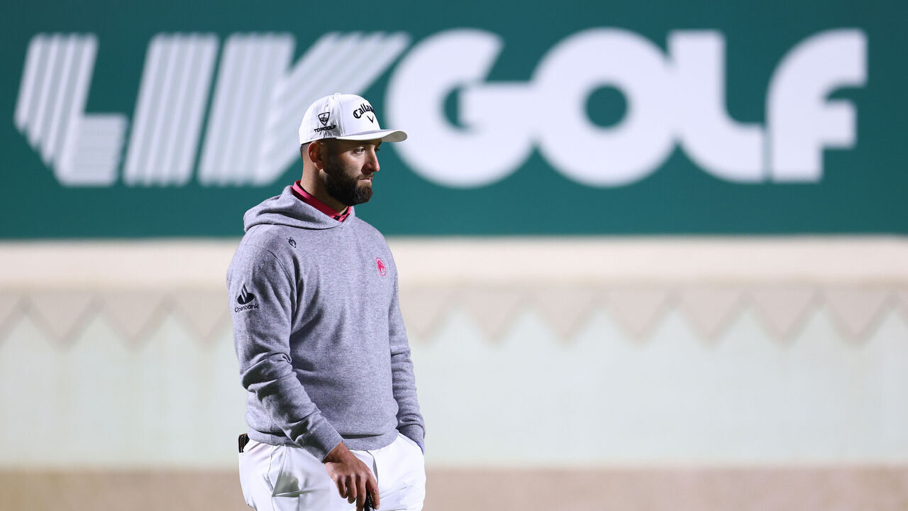 RIYADH, SAUDI ARABIA - FEBRUARY 06: Jon Rahm of Legion XIII looks on across the eight green on day three of LIV Golf Riyadh at Riyadh Golf Club on February 06, 2026 in Jeddah, Saudi Arabia.