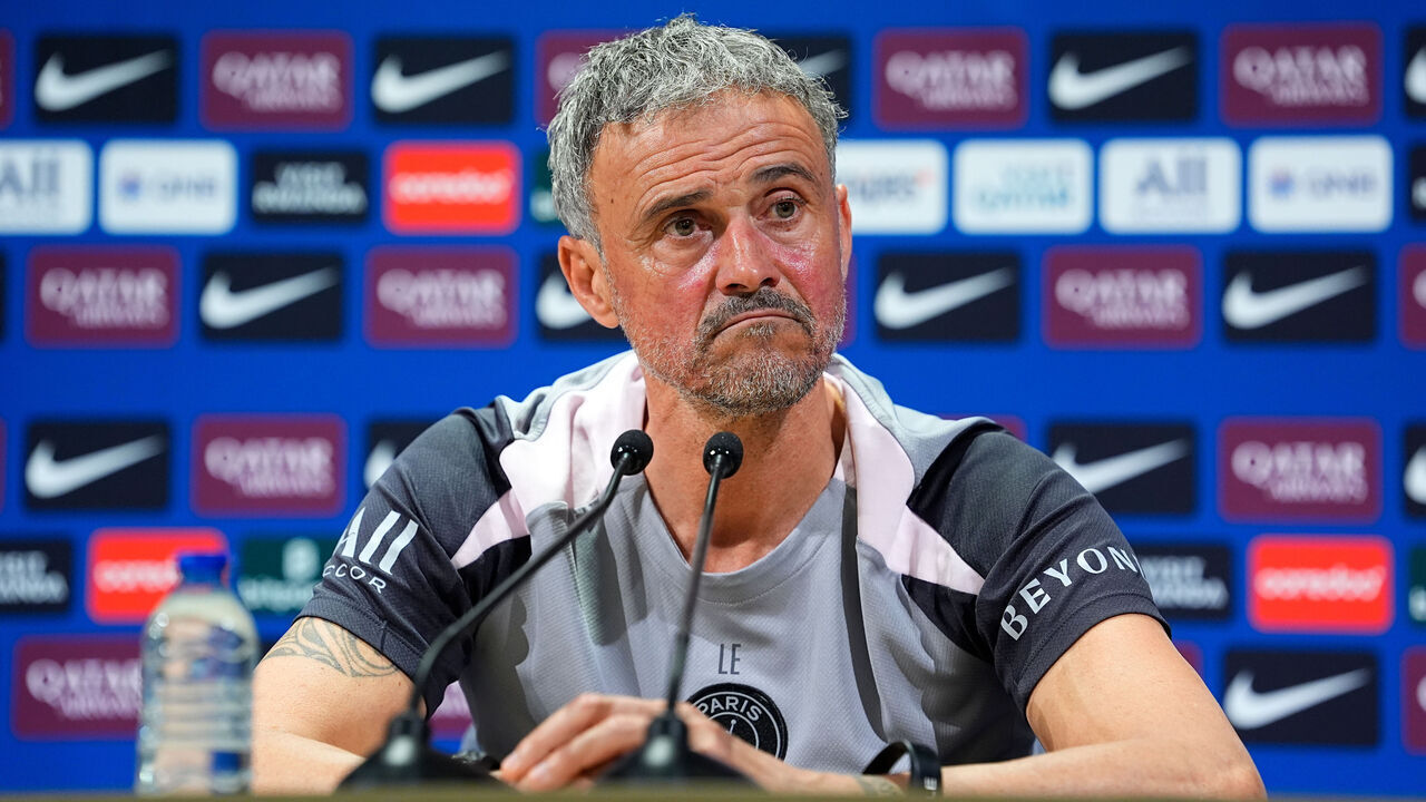 POISSY, FRANCE - MAY 1: Luis Enrique, Coach of the Paris Saint-Germain FC answers questions during a Press Conference at the PSG Campus on May 1, 2026 in Poissy, France.