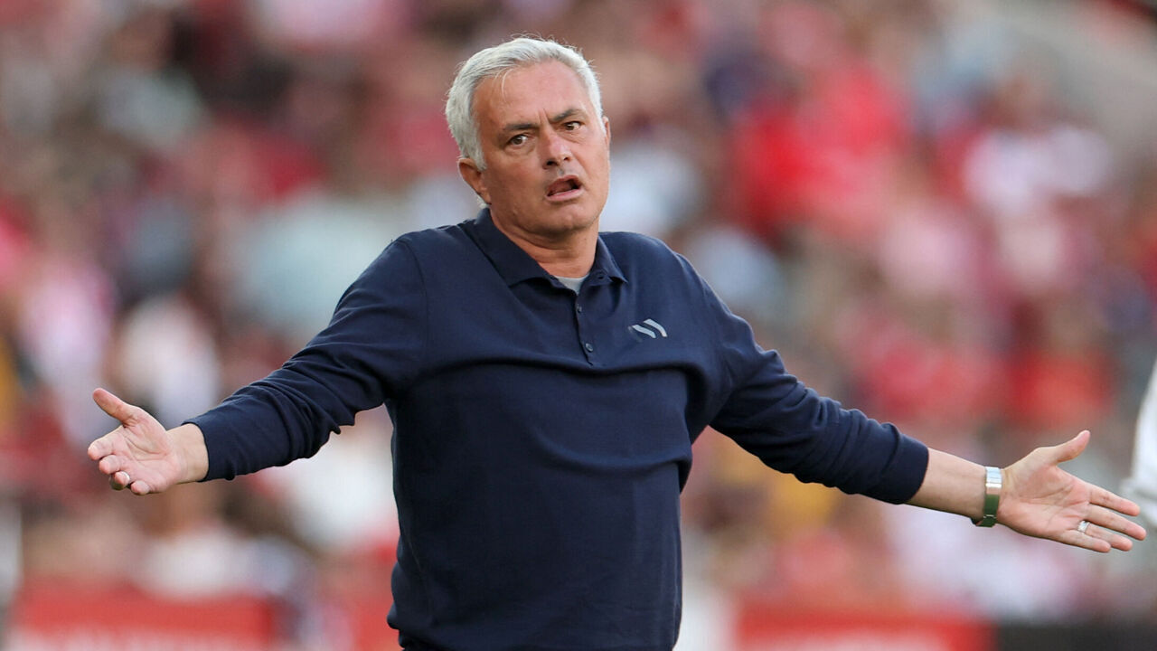 SL Benfica's Portuguese head coach Jose Mourinho gestures on the touchline during the Portuguese League football match between SL Benfica and Moreirense FC at Luz Stadium in Lisbon on April 25 , 2026.
