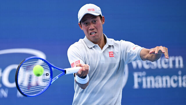 MASON, OHIO - AUGUST 08: Kei Nishikori of Japan in action against Camilo Ugo Carabelli of Argentina during the Men's Singles First Round match on day two of the Cincinnati Open 2025 at Lindner Family Tennis Center on August 08, 2025 in Mason, Ohio.