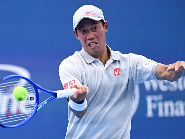 MASON, OHIO - AUGUST 08: Kei Nishikori of Japan in action against Camilo Ugo Carabelli of Argentina during the Men's Singles First Round match on day two of the Cincinnati Open 2025 at Lindner Family Tennis Center on August 08, 2025 in Mason, Ohio.