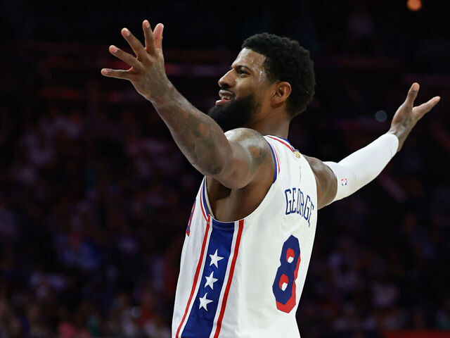 PHILADELPHIA, PENNSYLVANIA - APRIL 30: Paul George #8 of the Philadelphia 76ers reacts during the second quarter of a game against the Boston Celtics in Game Six of the First Round of the NBA Eastern Conference Playoffs at Xfinity Mobile Arena on April 30, 2026 in Philadelphia, Pennsylvania.