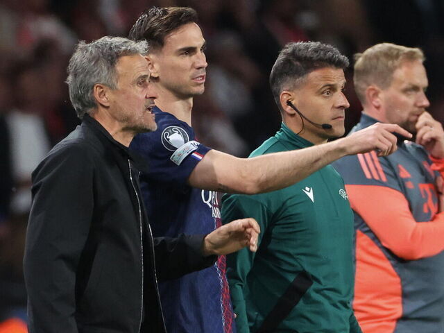PARIS, FRANCE - APRIL 28: Fabian Ruiz #8 of Paris Saint-Germain react with head coach, Luis Enrique during the UEFA Champions League 2025/26 Semi Final First Leg match between Paris Saint-Germain and FC Bayern München at Parc des Princes on April 28, 2026 in Paris, France.