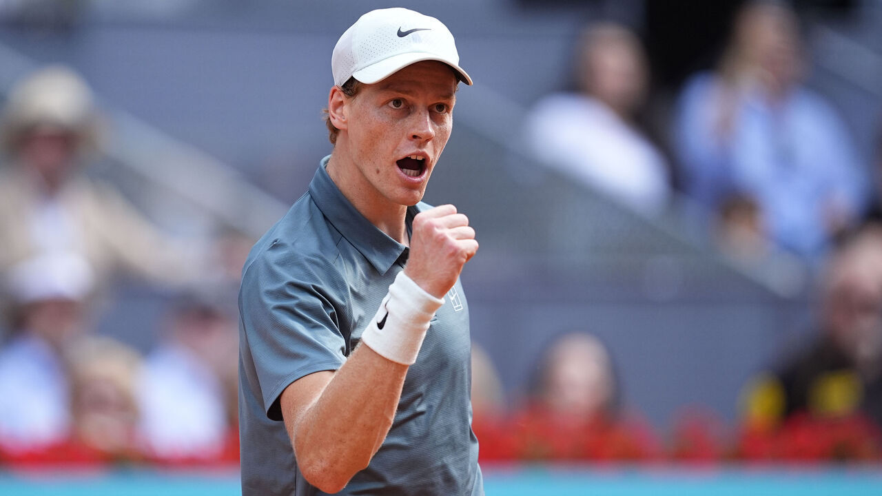 MADRID, SPAIN - MAY 01: Jannik Sinner of Italy reacts after winning against Arthur Fils of France during the Mutua Madrid Open 2026 at La Caja Magica on May 01, 2026 in Madrid, Spain.