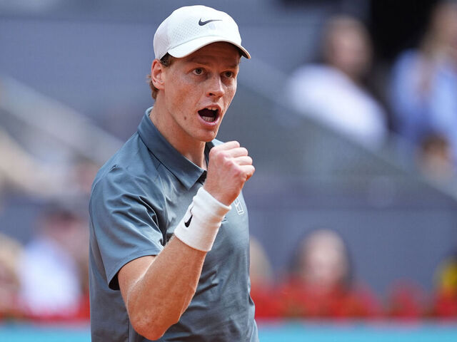 MADRID, SPAIN - MAY 01: Jannik Sinner of Italy reacts after winning against Arthur Fils of France during the Mutua Madrid Open 2026 at La Caja Magica on May 01, 2026 in Madrid, Spain.