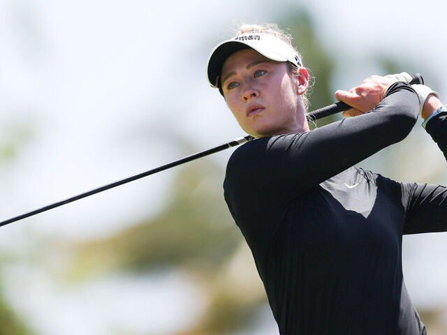 PLAYA DEL CARMEN, MEXICO - MAY 01: Nelly Korda of the United States swings before playing her shot from the 16th tee during the second round of the Mexico Riviera Maya Open at Mayakoba 2026 at El Camaleon at Mayakoba on May 01, 2026 in Playa del Carmen, Mexico.