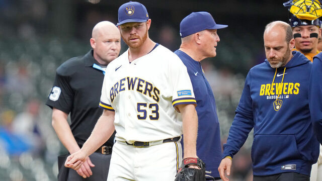 MILWAUKEE, WISCONSIN - APRIL 30: Brandon Woodruff #53 of the Milwaukee Brewers leaves the game in the second inning with an injury against the Arizona Diamondbacks at American Family Field on April 30, 2026 in Milwaukee, Wisconsin.