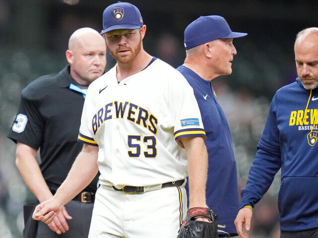 MILWAUKEE, WISCONSIN - APRIL 30: Brandon Woodruff #53 of the Milwaukee Brewers leaves the game in the second inning with an injury against the Arizona Diamondbacks at American Family Field on April 30, 2026 in Milwaukee, Wisconsin.