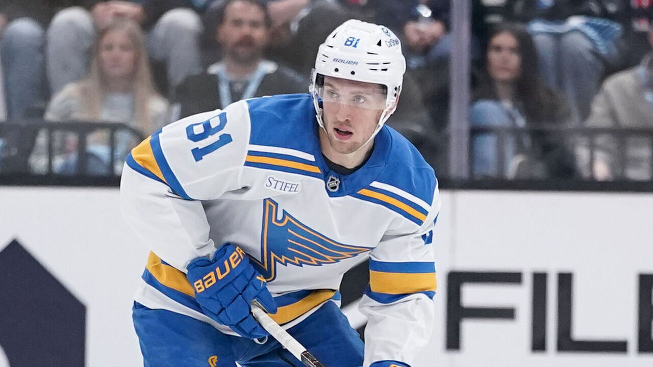 SALT LAKE CITY, UT - APRIL 16: Dylan Holloway #81 of the St. Louis Blues controls the puck during an NHL game between the St. Louis Blues and the Utah Mammoth on April 16, 2026 at the Delta Center in Salt Lake City, UT.