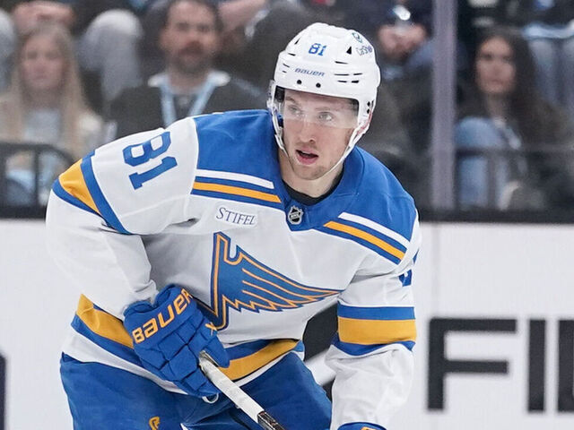 SALT LAKE CITY, UT - APRIL 16: Dylan Holloway #81 of the St. Louis Blues controls the puck during an NHL game between the St. Louis Blues and the Utah Mammoth on April 16, 2026 at the Delta Center in Salt Lake City, UT.