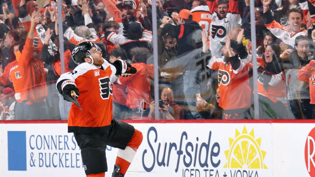 PHILADELPHIA, PENNSYLVANIA - APRIL 29: Cam York #8 of the Philadelphia Flyers celebrates his game-winning goal in overtime to defeat the Pittsburgh Penguins 1-0 in Game Six of the First Round of the 2026 Stanley Cup Playoffs at the Xfinity Mobile Arena on April 29, 2026 in Philadelphia, Pennsylvania. With tonight's win, the Flyers have advanced to the second round of the NHL Playoffs.
