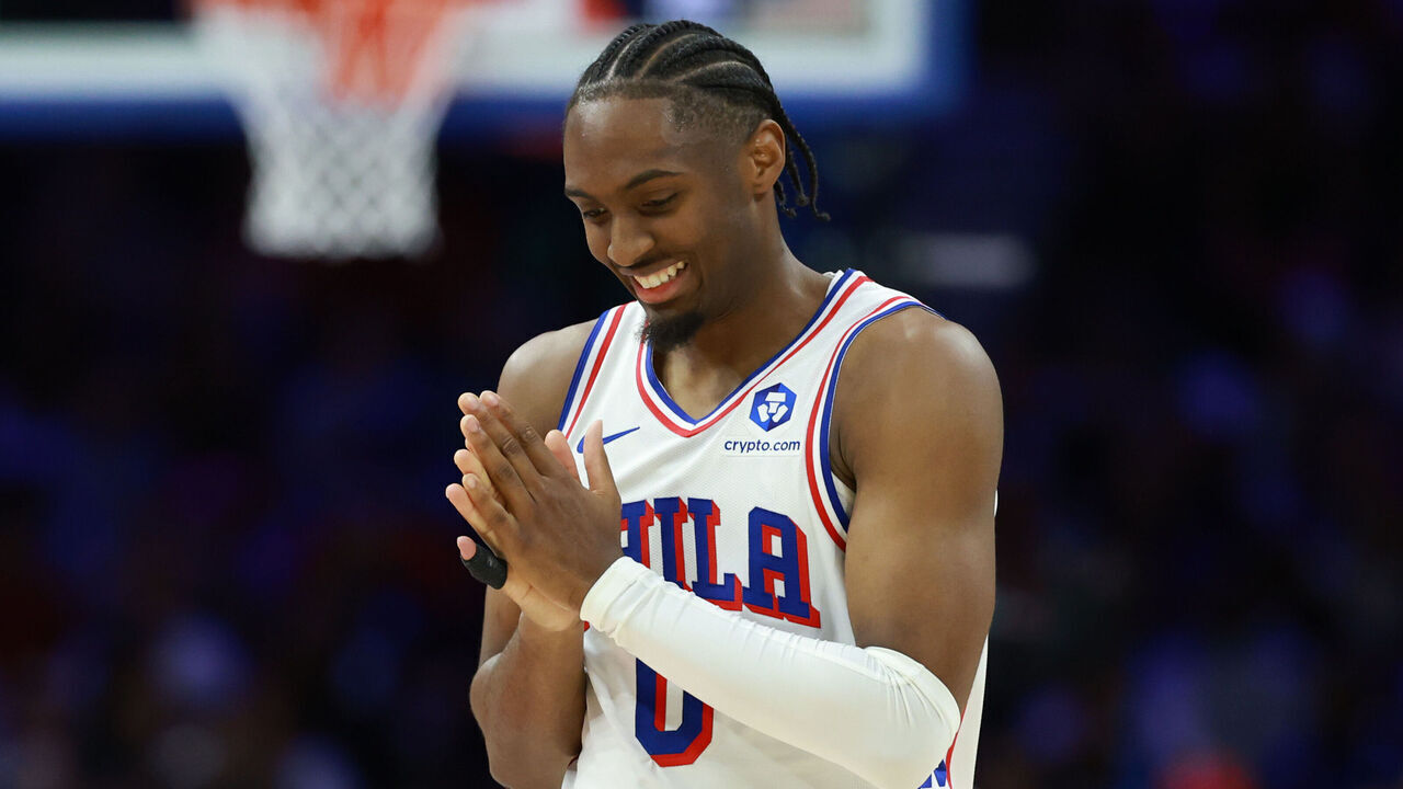 PHILADELPHIA, PENNSYLVANIA - APRIL 30: Tyrese Maxey #0 of the Philadelphia 76ers reacts during the first half of a game against the Boston Celtics in Game Six of the First Round of the NBA Eastern Conference Playoffs at Xfinity Mobile Arena on April 30, 2026 in Philadelphia, Pennsylvania.