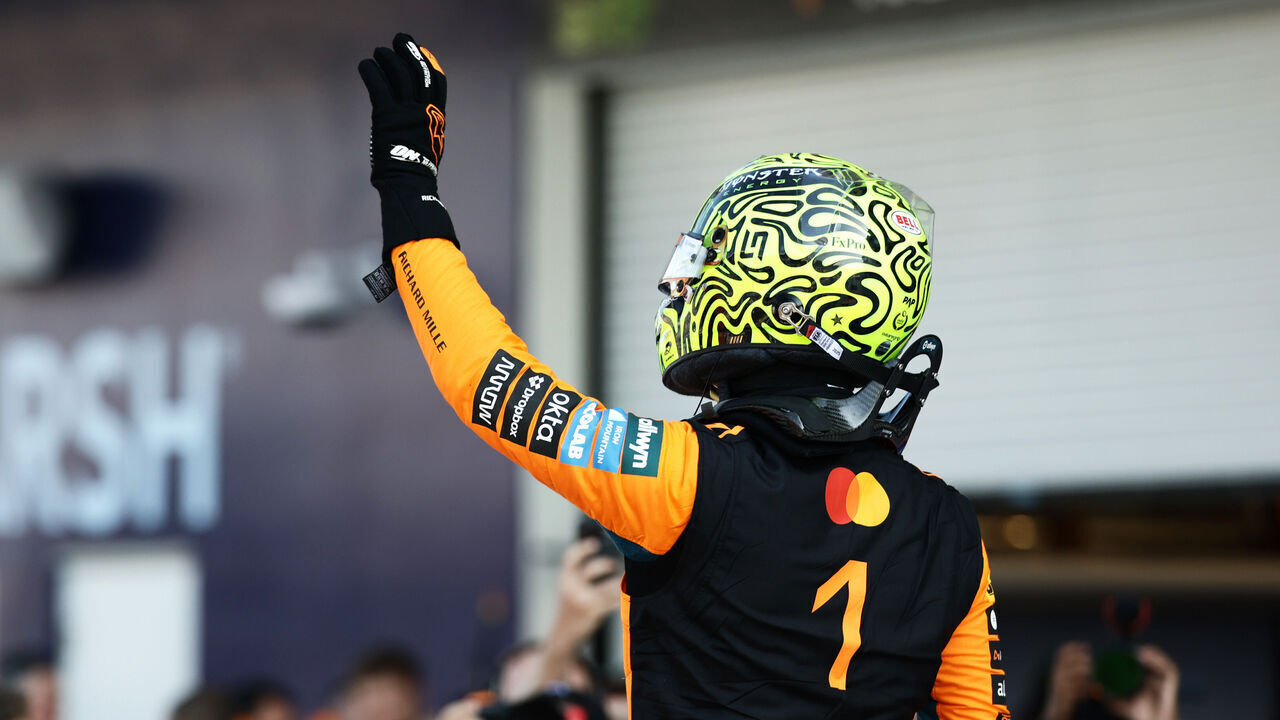 MIAMI, FLORIDA - MAY 01: Sprint Pole qualifier Lando Norris of Great Britain and McLaren celebrates in parc ferme during Sprint Qualifying ahead of the F1 Grand Prix of Miami at Miami International Autodrome on May 01, 2026 in Miami, Florida.