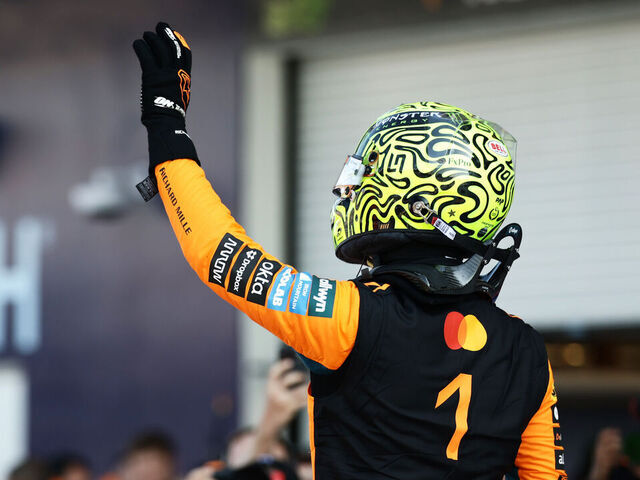 MIAMI, FLORIDA - MAY 01: Sprint Pole qualifier Lando Norris of Great Britain and McLaren celebrates in parc ferme during Sprint Qualifying ahead of the F1 Grand Prix of Miami at Miami International Autodrome on May 01, 2026 in Miami, Florida.