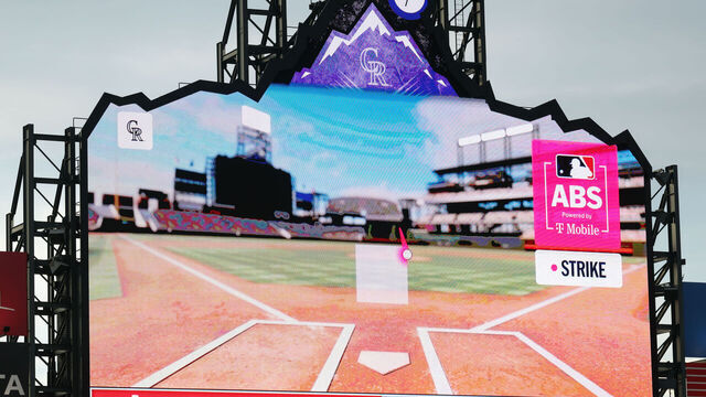 DENVER, CO - APRIL 7: The ABS system is displayed on the stadium video board in the first inning of a game between the Colorado Rockies and the Houston Astros at Coors Field on April 7, 2026 in Denver, Colorado.