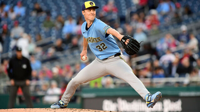 WASHINGTON, DC - MAY 01: Brewers pitcher Jacob Misiorowski (32) throws a pitch during the Milwaukee Brewers versus Washington Nationals Major League Baseball (MLB) game on May 1, 2025 at Nationals Park in Washington, D.C..