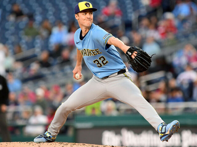 WASHINGTON, DC - MAY 01: Brewers pitcher Jacob Misiorowski (32) throws a pitch during the Milwaukee Brewers versus Washington Nationals Major League Baseball (MLB) game on May 1, 2025 at Nationals Park in Washington, D.C..