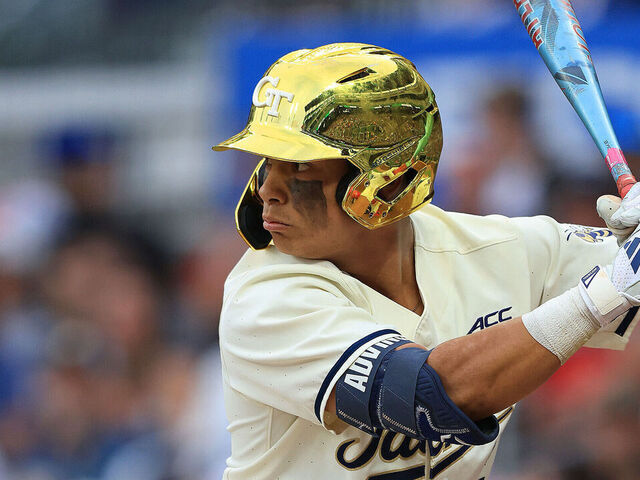 ATLANTA, GA - APRIL 21: Jarren Advincula (2) of the Georgia Tech Yellow Jackets bats during the Tuesday evening men's college baseball game between the Georgia Bulldogs and the Georgia Tech Yellow Jackets on April 21, 2026 at Truist Park in Atlanta, GA.