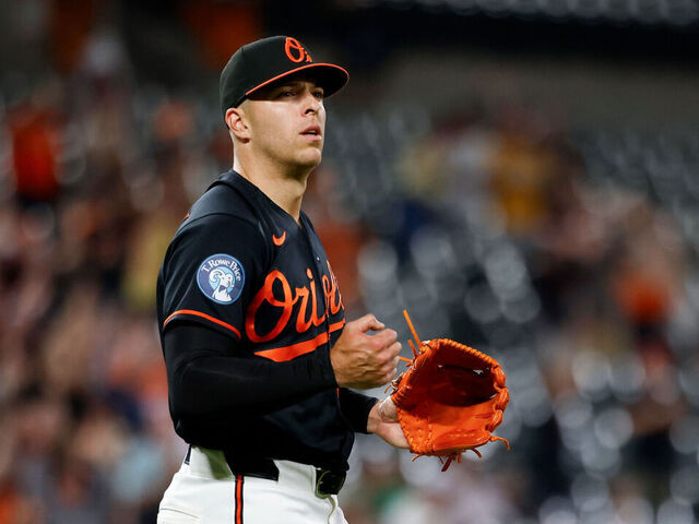 BALTIMORE, MD - APRIL 13: Ryan Helsley #21 of the Baltimore Orioles celebrates after defeating the Arizona Diamondbacks at Oriole Park at Camden Yards on Monday, April 13, 2026 in Baltimore, Maryland.