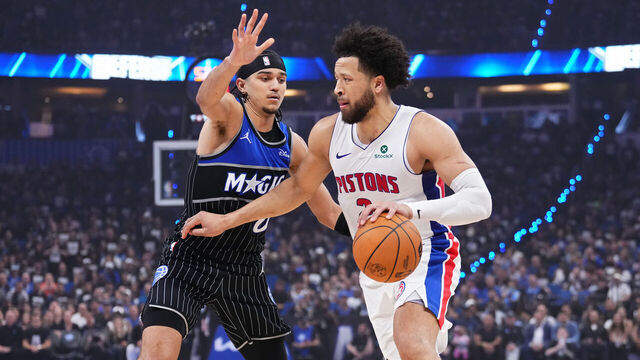 ORLANDO, FLORIDA - MAY 01: Cade Cunningham #2 of the Detroit Pistons drives to the basket against Anthony Black #0 of the Orlando Magic during the second quarter in Game Six of the First Round of the NBA Eastern Conference Playoffs at Kia Center on May 01, 2026 in Orlando, Florida.