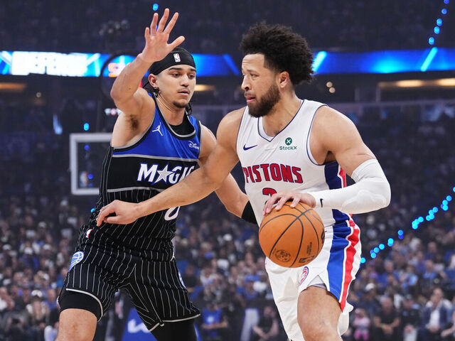 ORLANDO, FLORIDA - MAY 01: Cade Cunningham #2 of the Detroit Pistons drives to the basket against Anthony Black #0 of the Orlando Magic during the second quarter in Game Six of the First Round of the NBA Eastern Conference Playoffs at Kia Center on May 01, 2026 in Orlando, Florida.