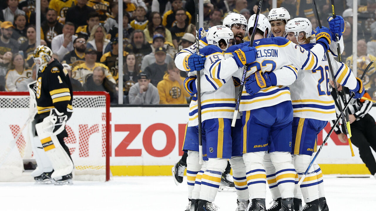 BOSTON, MA - MAY 01: The Sabres celebrate a goal from Mattias Samuelsson #23 of the Buffalo Sabres during game 6 of the Stanley Cup Playoffs First Round between the Boston Bruins and the Buffalo Sabres on May 1, 2026, at TD Garden in Boston, Massachusetts.