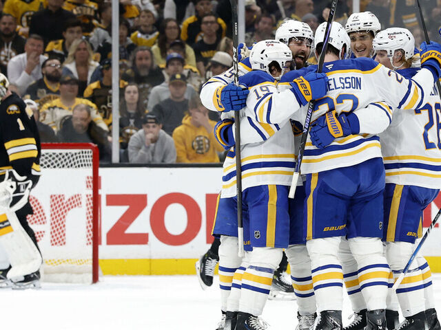 BOSTON, MA - MAY 01: The Sabres celebrate a goal from Mattias Samuelsson #23 of the Buffalo Sabres during game 6 of the Stanley Cup Playoffs First Round between the Boston Bruins and the Buffalo Sabres on May 1, 2026, at TD Garden in Boston, Massachusetts.