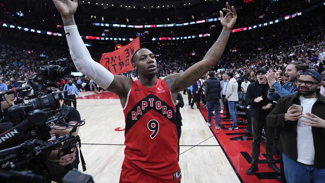 TORONTO, CANADA - MAY 1: RJ Barrett #9 of the Toronto Raptors celebrates after scoring the game winning basket against the Cleveland Cavaliers during Round One Game Six of the 2026 NBA Playoffs on May 1, 2026 at the Scotiabank Arena in Toronto, Ontario, Canada. Mandatory Copyright Notice: Copyright 2026 NBAE
