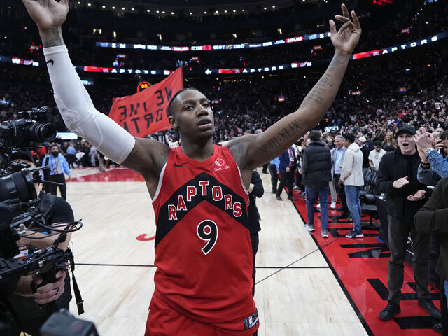 TORONTO, CANADA - MAY 1: RJ Barrett #9 of the Toronto Raptors celebrates after scoring the game winning basket against the Cleveland Cavaliers during Round One Game Six of the 2026 NBA Playoffs on May 1, 2026 at the Scotiabank Arena in Toronto, Ontario, Canada. Mandatory Copyright Notice: Copyright 2026 NBAE