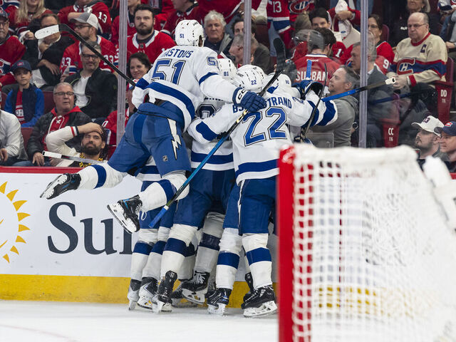 MONTREAL, CANADA- MAY 1: Gage Goncalves #93 of the Tampa Bay Lightning celebrates the game winning goal in the first overtime period of Game Six of the First Round of the 2026 Stanley Cup Playoffs against the Montreal Canadiens at the Bell Centre on May 1, 2026 in Montreal, Quebec, Canada.