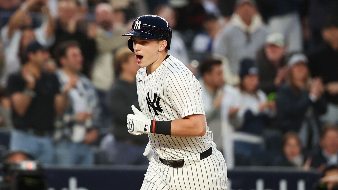 NEW YORK, NY - MAY 01: Ben Rice #22 of the New York Yankees looks on after hitting a three-run home run during the game against the Baltimore Orioles at Yankee Stadium on May 1, 2026 in New York, New York.
