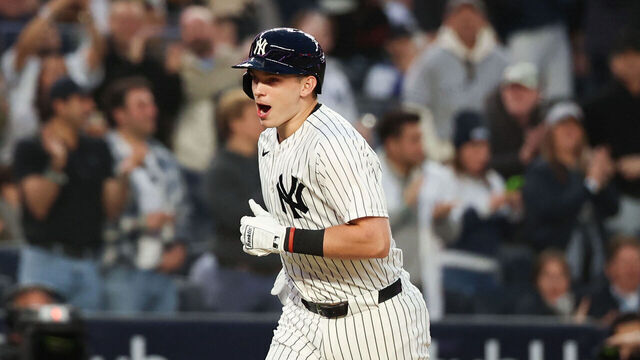 NEW YORK, NY - MAY 01: Ben Rice #22 of the New York Yankees looks on after hitting a three-run home run during the game against the Baltimore Orioles at Yankee Stadium on May 1, 2026 in New York, New York.
