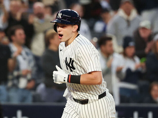 NEW YORK, NY - MAY 01: Ben Rice #22 of the New York Yankees looks on after hitting a three-run home run during the game against the Baltimore Orioles at Yankee Stadium on May 1, 2026 in New York, New York.