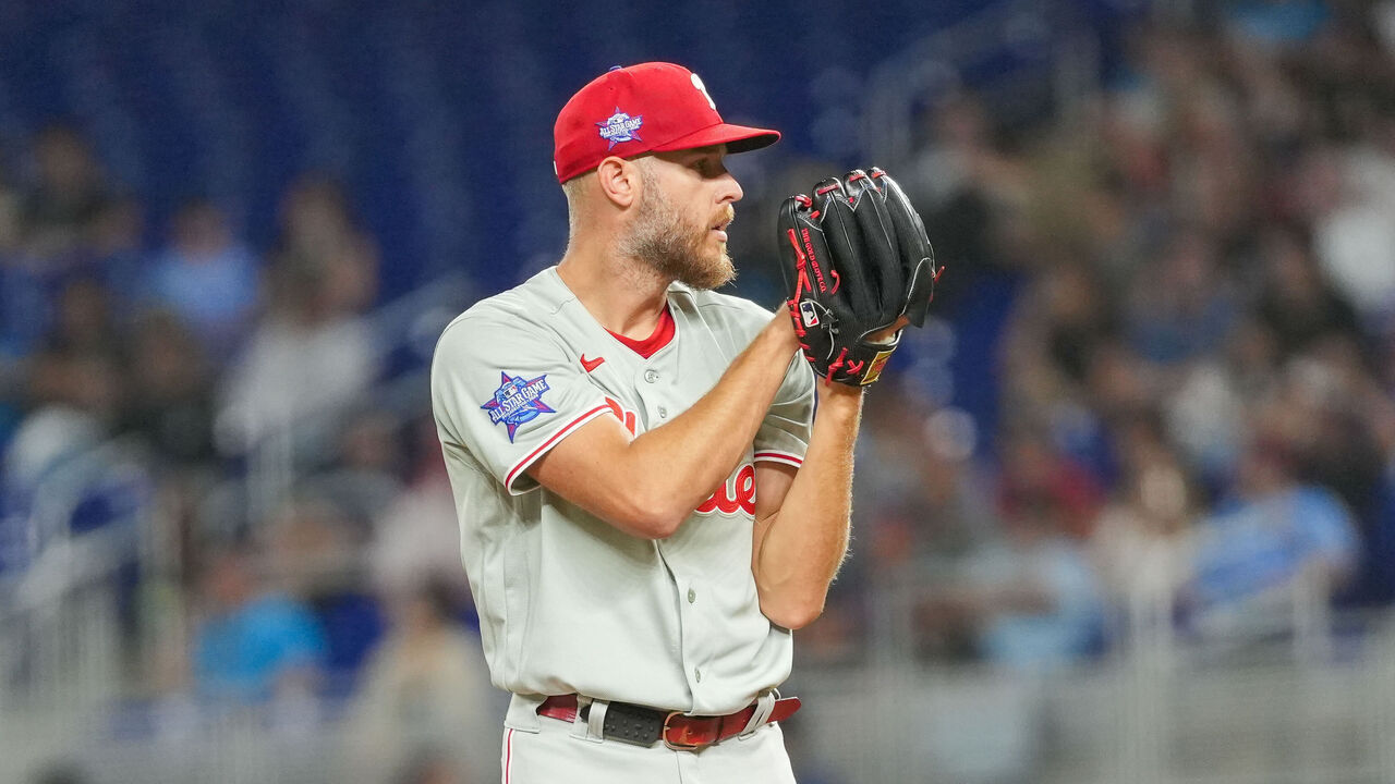 MIAMI, FLORIDA - MAY 01: Pitcher Zack Wheeler #45 of the Philadelphia Phillies pitches in the second inning against the Miami Marlins at loanDepot park on May 01, 2026 in Miami, Florida.