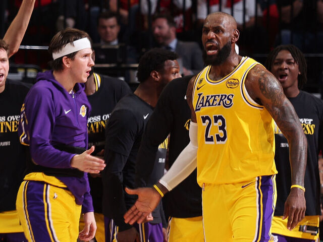HOUSTON, TX - MAY 1: LeBron James #23 of the Los Angeles Lakers celebrates during the game Houston Rockets during Round One Game Six of the 2026 NBA Playoffs on May 1, 2026 at the Toyota Center in Houston, Texas. Mandatory Copyright Notice: Copyright 2026 NBAE