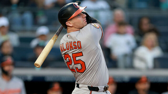 NEW YORK, NEW YORK - MAY 01: Pete Alonso #25 of the Baltimore Orioles hits a solo home run in the second inning against the New York Yankees at Yankee Stadium on May 01, 2026 in the Bronx borough of New York City.