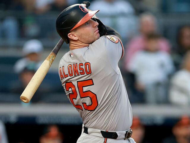 NEW YORK, NEW YORK - MAY 01: Pete Alonso #25 of the Baltimore Orioles hits a solo home run in the second inning against the New York Yankees at Yankee Stadium on May 01, 2026 in the Bronx borough of New York City.