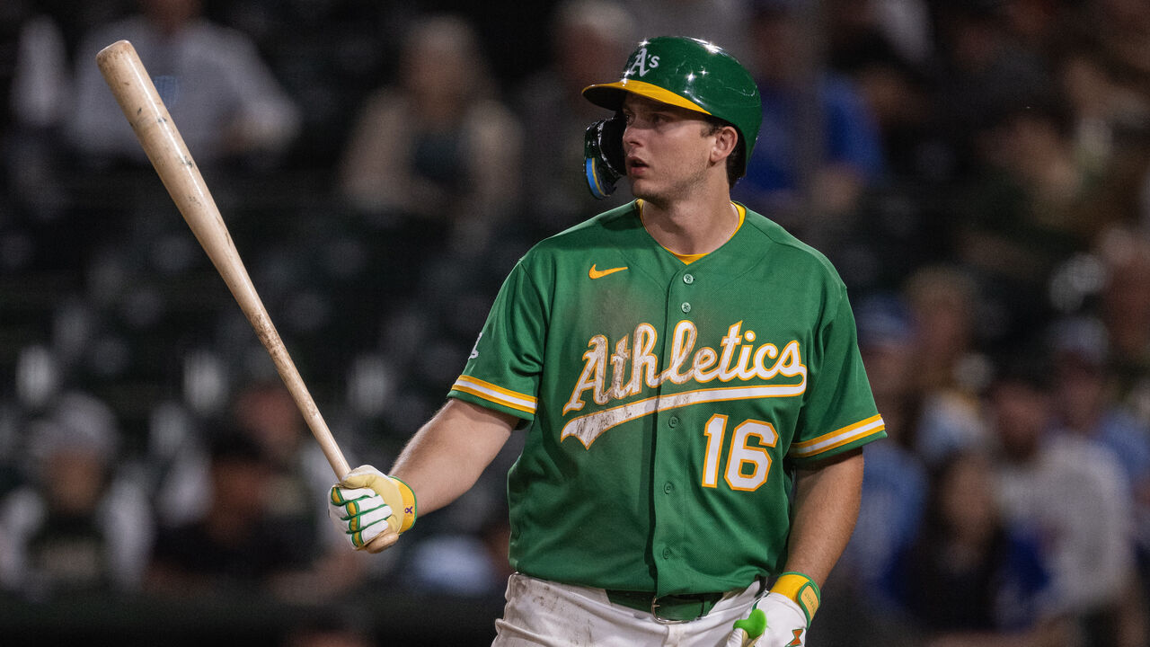 SACRAMENTO, CALIFORNIA - APRIL 29: Nick Kurtz #16 of the Athletics bats in the bottom of the eighth inning against the Kansas City Royals at Sutter Health Park on April 29, 2026 in Sacramento, California.