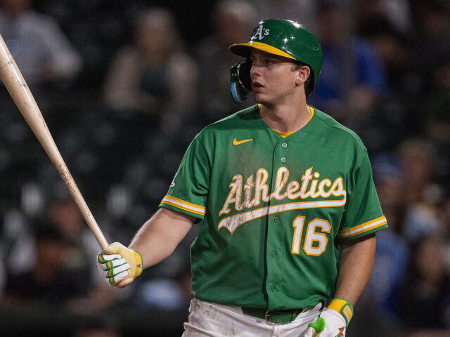 SACRAMENTO, CALIFORNIA - APRIL 29: Nick Kurtz #16 of the Athletics bats in the bottom of the eighth inning against the Kansas City Royals at Sutter Health Park on April 29, 2026 in Sacramento, California.