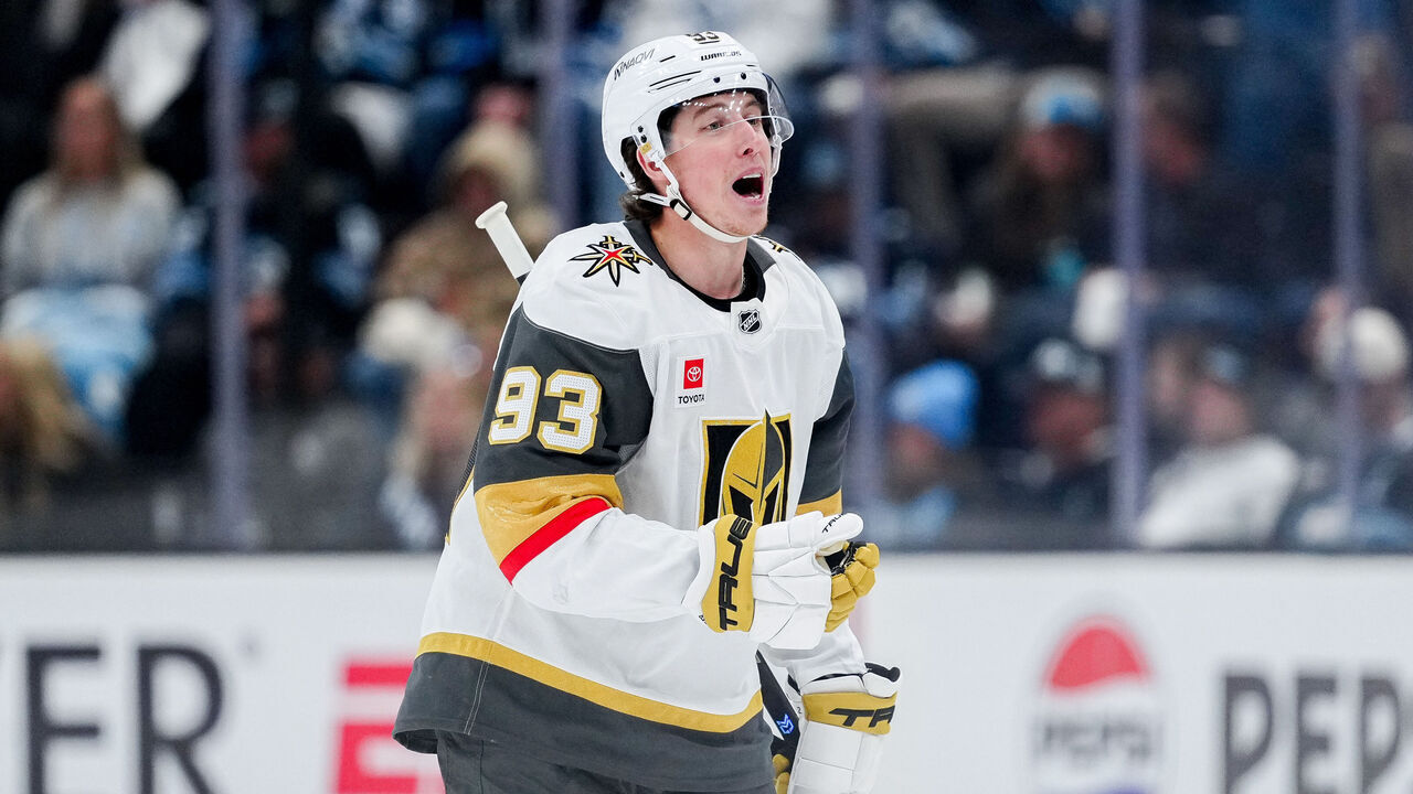 SALT LAKE CITY, UTAH - MAY 01: Mitch Marner #93 of the Vegas Golden Knights reacts after scoring a goal during the third period in Game Six of the First Round of the 2026 Stanley Cup Playoffs against the Utah Mammoth at Delta Center on May 01, 2026 in Salt Lake City, Utah.